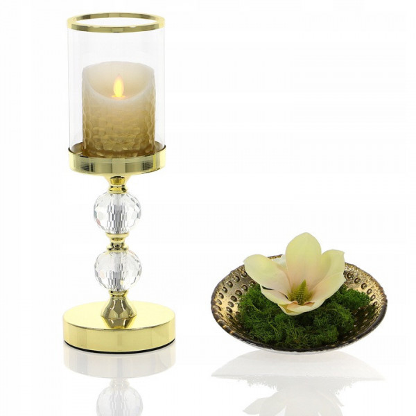 Złoty świecznik z dwiema kryształowymi kulami 35,5cm 4