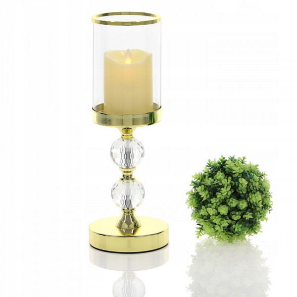 Złoty świecznik z dwiema kryształowymi kulami 35,5cm 5