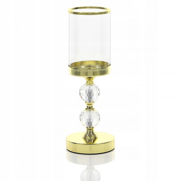 Złoty świecznik z dwiema kryształowymi kulami 35,5cm