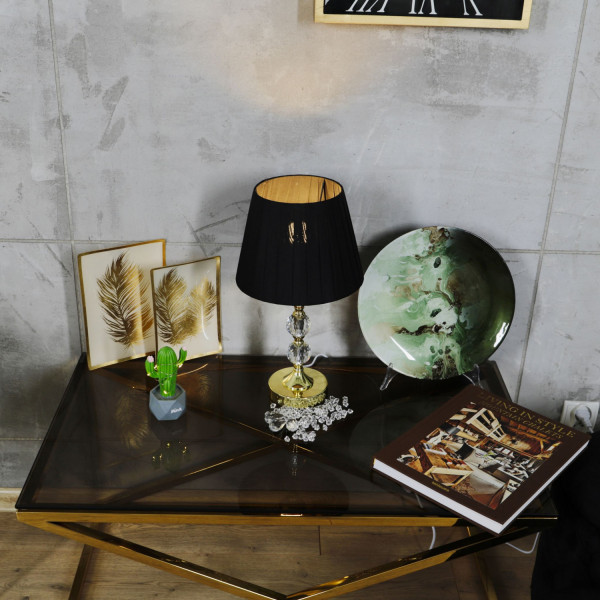 Złota lampa stołowa/nocna z dwoma kryształowymi kulami i czarnym kloszem 6