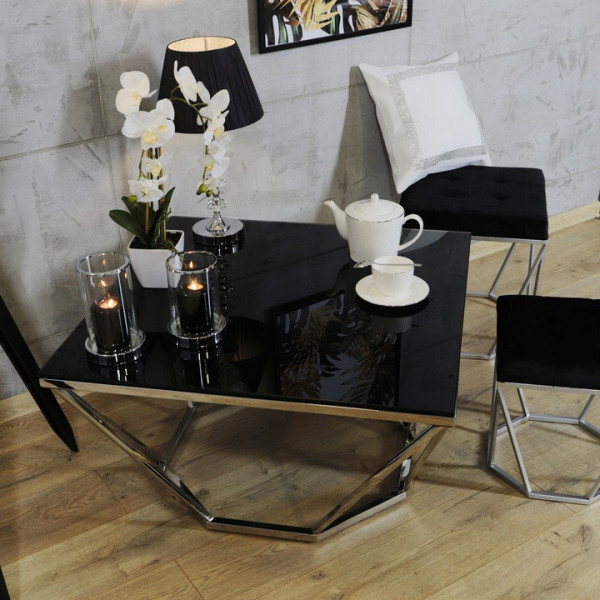 Srebrny stolik Oktana z czarną szybą 80×80×45CM 4