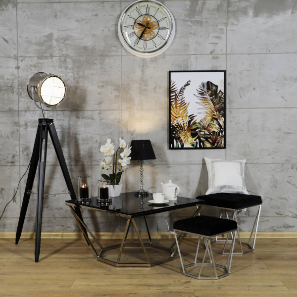 Srebrny stolik Oktana z czarną szybą 80×80×45CM 10