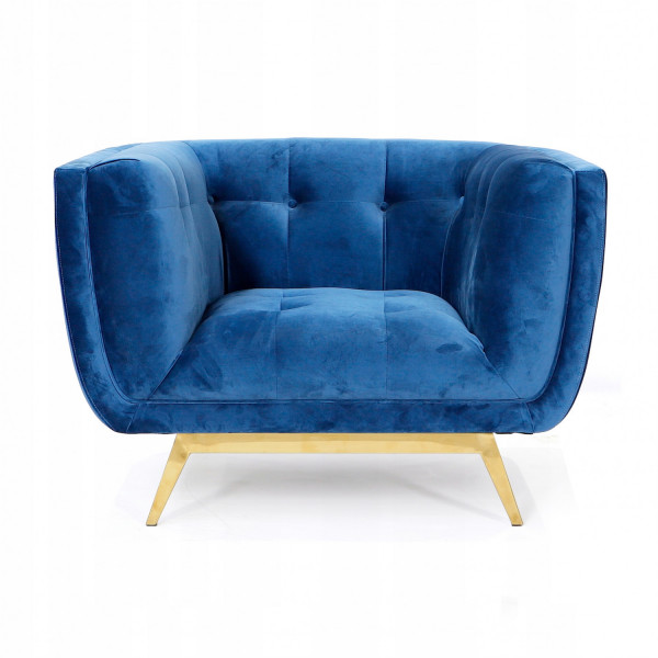 Niebieski fotel tapicerowany na złotych chromowanych nogach - Eclesio