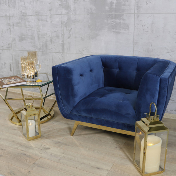 Niebieski fotel tapicerowany na złotych chromowanych nogach - Eclesio 8