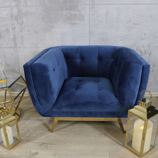 Niebieski fotel tapicerowany na złotych chromowanych nogach - Eclesio 5