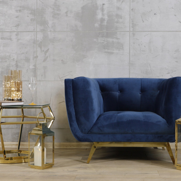 Niebieski fotel tapicerowany na złotych chromowanych nogach - Eclesio 4