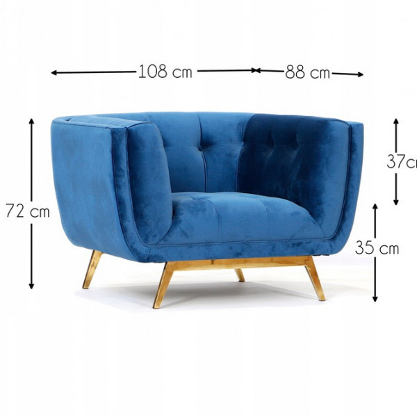 Niebieski fotel tapicerowany na złotych chromowanych nogach - Eclesio 1