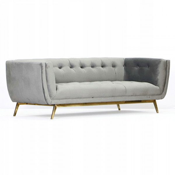 Szara sofa tapicerowana na złotych chromowanych nogach - Eclesio 2