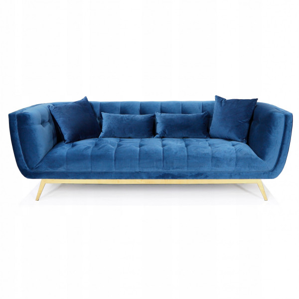Niebieska sofa tapicerowana na złotych chromowanych nogach - Eclesio