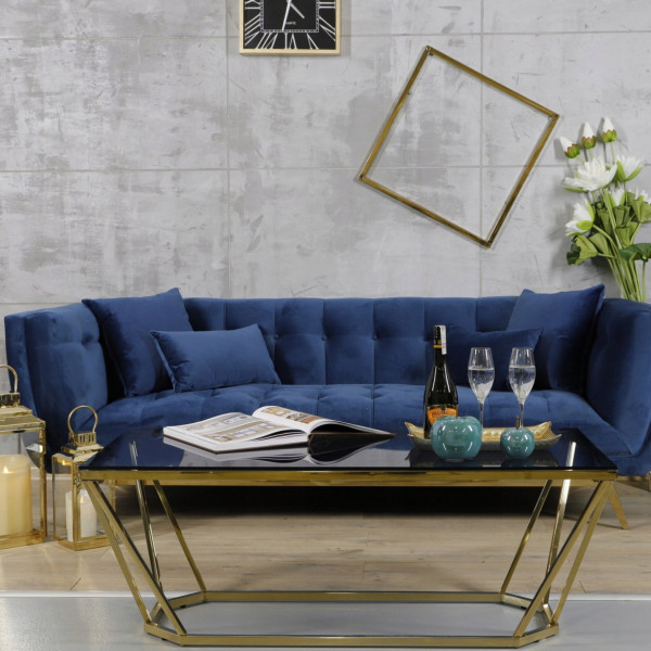 Niebieska sofa tapicerowana na złotych chromowanych nogach - Eclesio 7