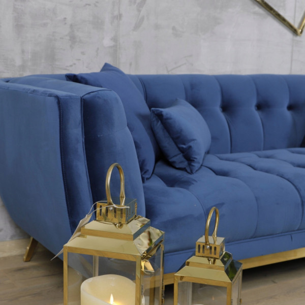 Niebieska sofa tapicerowana na złotych chromowanych nogach - Eclesio 6