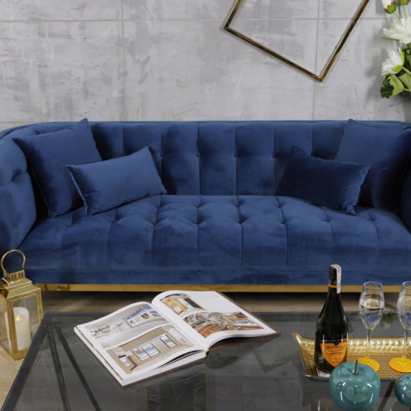 Niebieska sofa tapicerowana na złotych chromowanych nogach - Eclesio 9