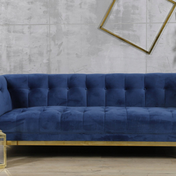 Niebieska sofa tapicerowana na złotych chromowanych nogach - Eclesio 8