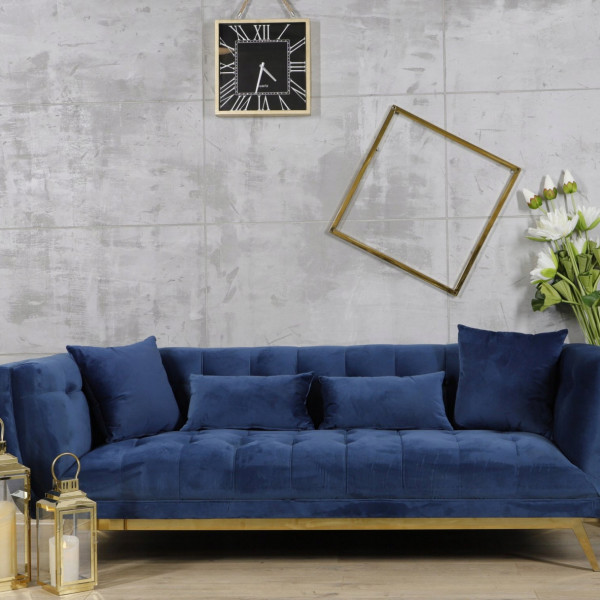Niebieska sofa tapicerowana na złotych chromowanych nogach - Eclesio 5