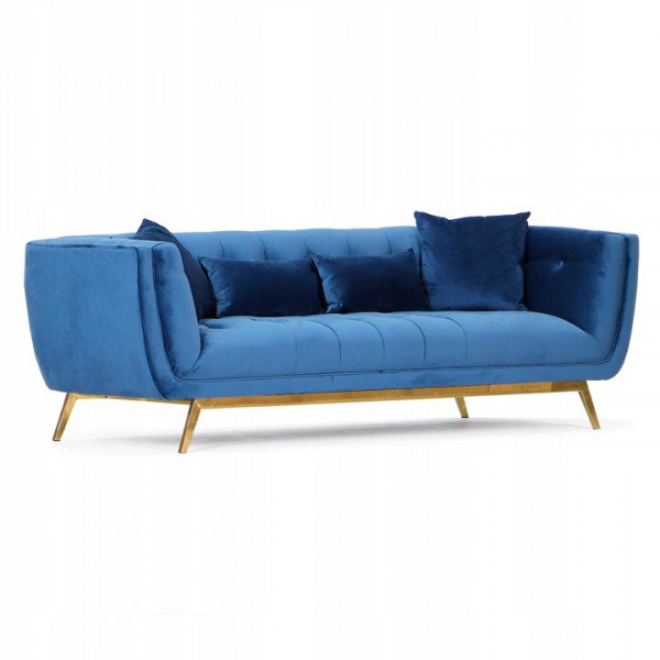 Niebieska sofa tapicerowana na złotych chromowanych nogach - Eclesio 2