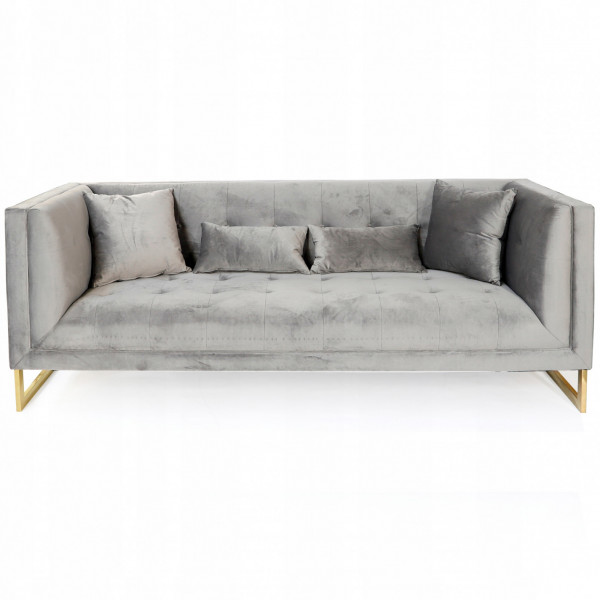 Szara sofa tapicerowana na złotych chromowanych nogach - Stella