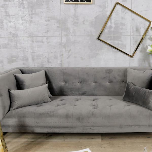 Szara sofa tapicerowana na złotych chromowanych nogach - Stella 9