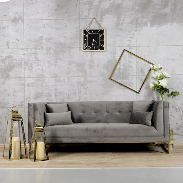 Szara sofa tapicerowana na złotych chromowanych nogach - Stella 10