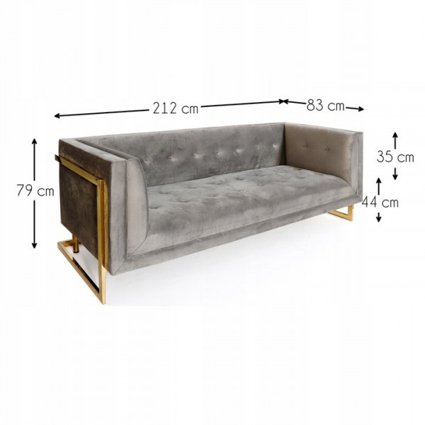 Szara sofa tapicerowana na złotych chromowanych nogach - Stella 1