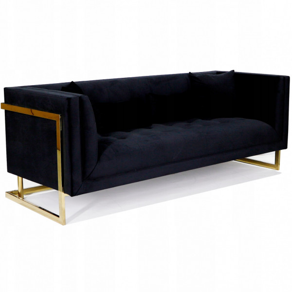 Czarna sofa tapicerowana na złotych chromowanych nogach - Stella