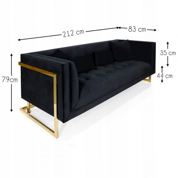 Czarna sofa tapicerowana na złotych chromowanych nogach - Stella 1