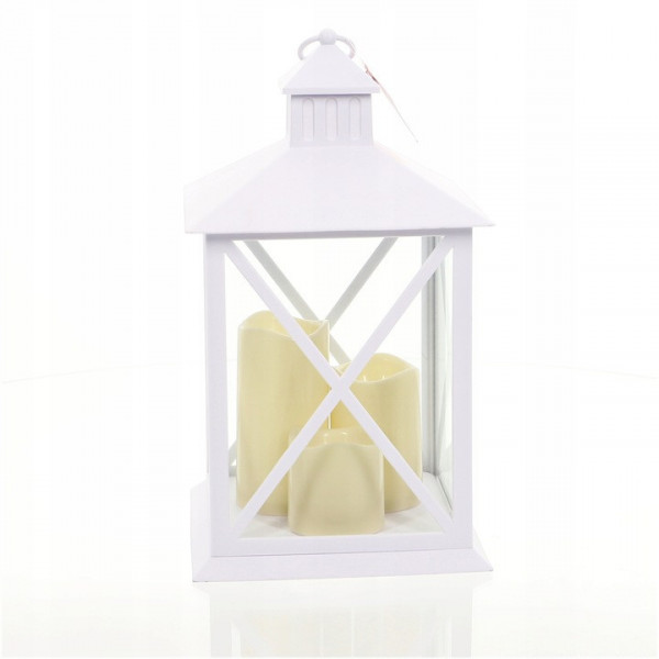 Biała latarnia plastikowa LED z trzema świecami 1