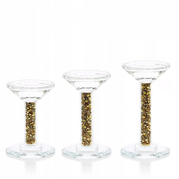 Zestaw trzech kryształowych świeczników ze złotym pirytem