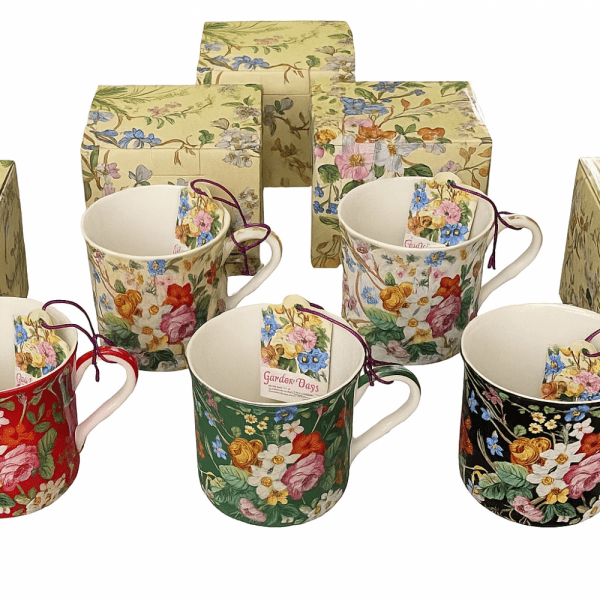 Zestaw 5 Porcelanowych Kubków z Kwiatowym Motywem - Porcelana Kostna