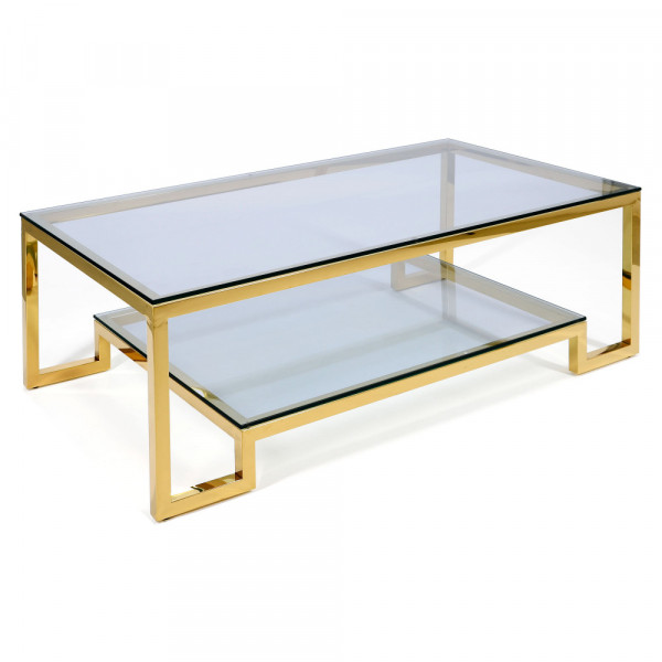 Złoty stolik ława Tarasso z dwiema błękitnymi szybami