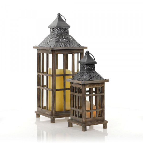Drewniana brązowa latarnia lampion loft 2w1 40/60,5cm 1