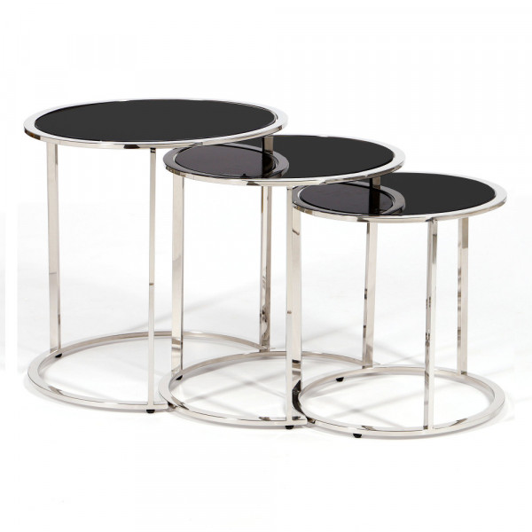 Komplet trzech srebrnych stolików kawowych Roundo z czarnymi szybami 1