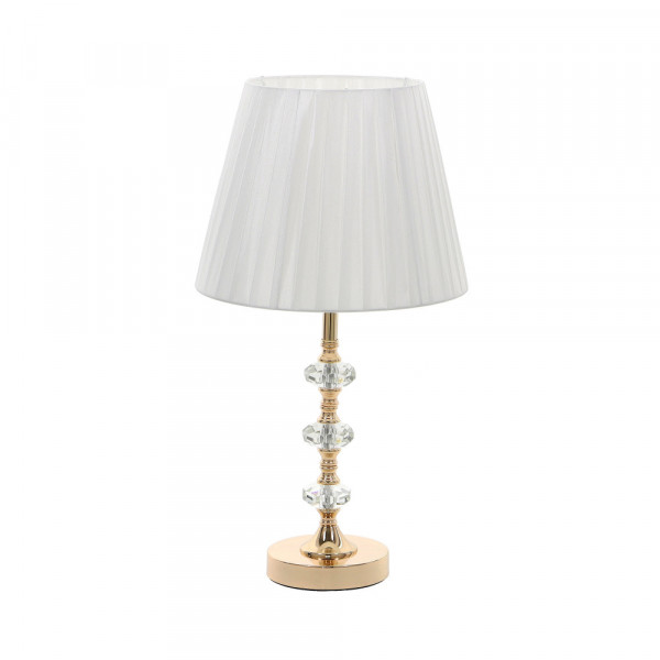 Złota lampa stołowa z białym abażurem