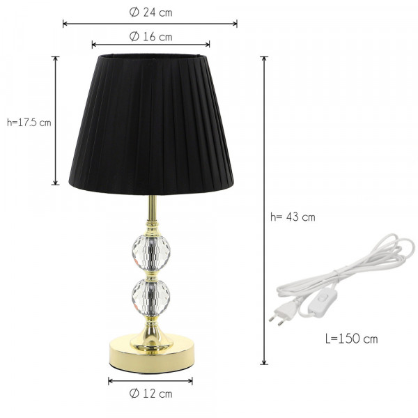 Złota lampa stołowa/nocna z dwoma kryształowymi kulami i czarnym kloszem 3