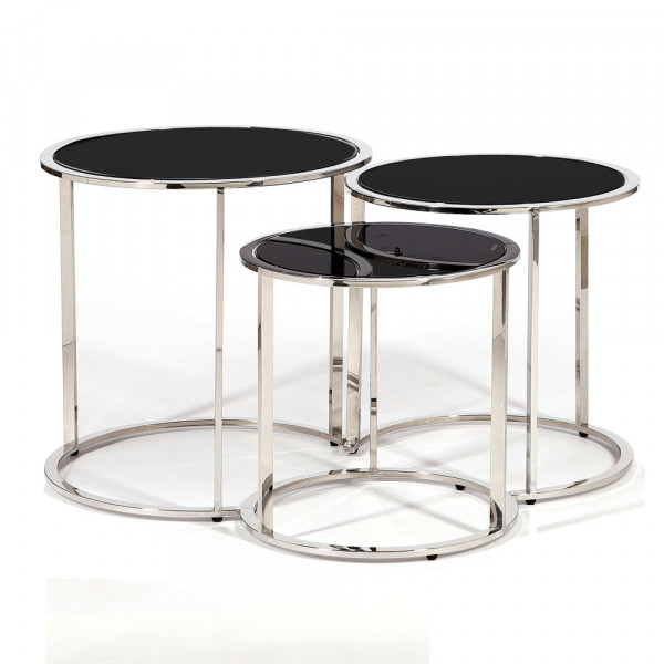 Komplet trzech srebrnych stolików kawowych Roundo z czarnymi szybami 3