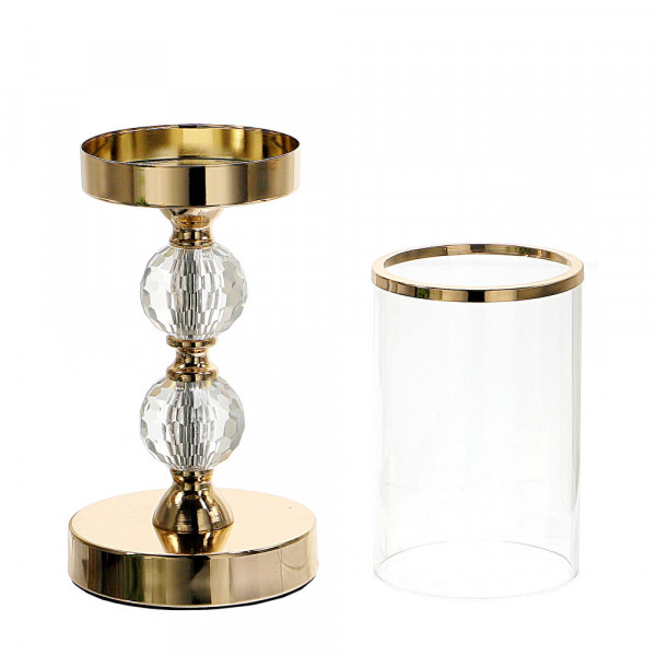 Świecznik z dwiema kryształowymi kulami w kolorze francuskiego złota 35,5cm 2
