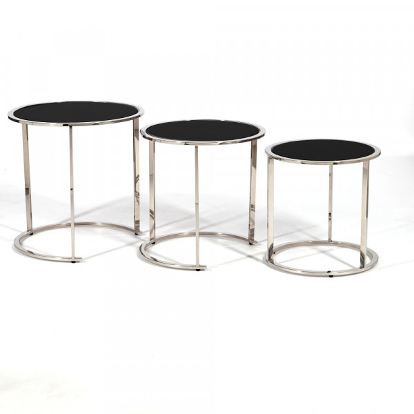 Komplet trzech srebrnych stolików kawowych Roundo z czarnymi szybami 2
