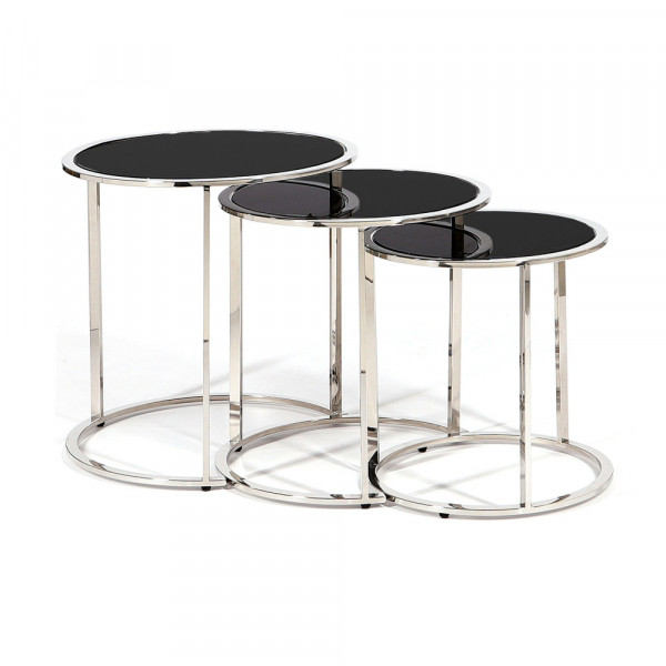 Komplet trzech srebrnych stolików kawowych Roundo z czarnymi szybami